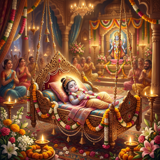 Infant Lord Rama in a festive cradle